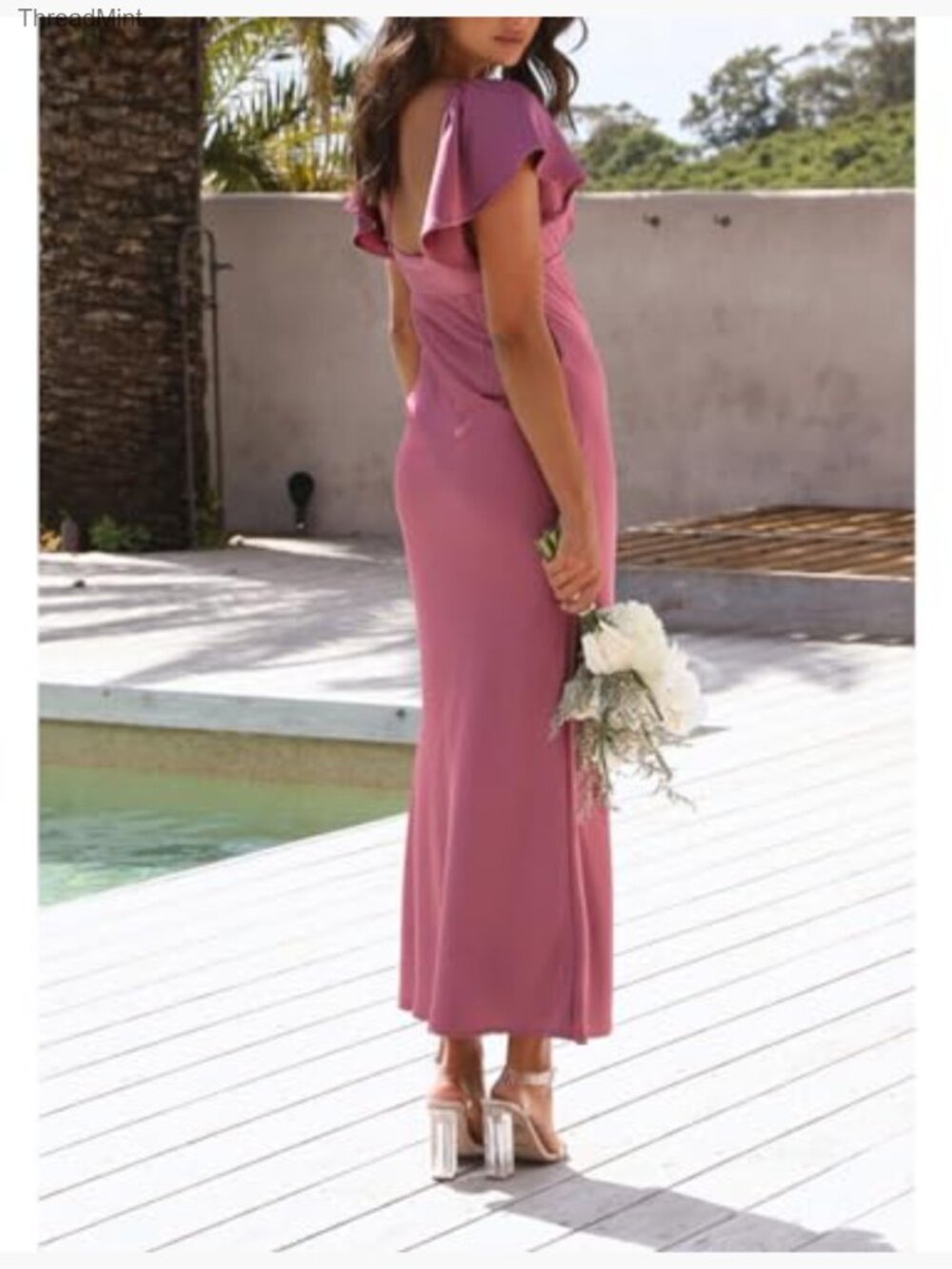 Satin Flutter Sleeve Sweetheart Midi Cocktail Dress Cutout Tie Back - Picture 5 of 7